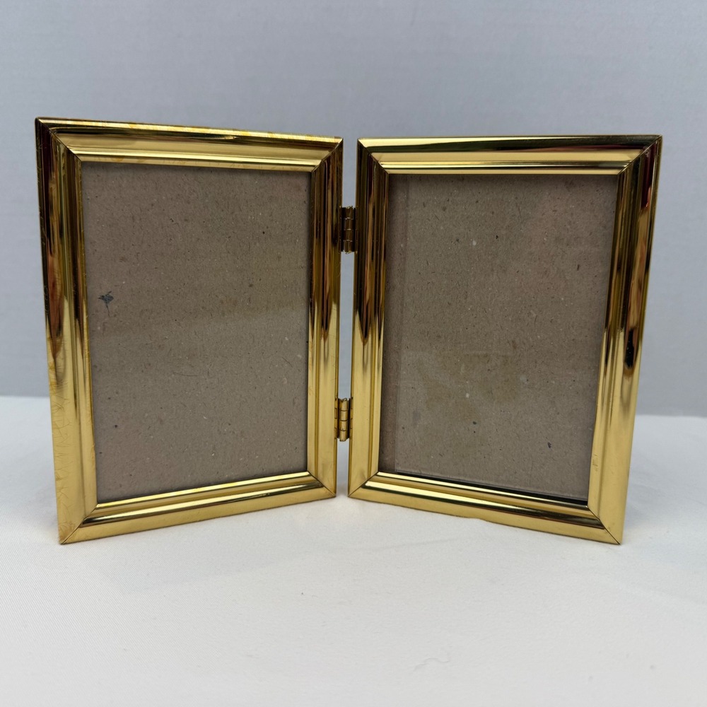 Vintage Gold Metal Double Hinge Picture Frame 4x6 Portrait Tabletop Wall Mount